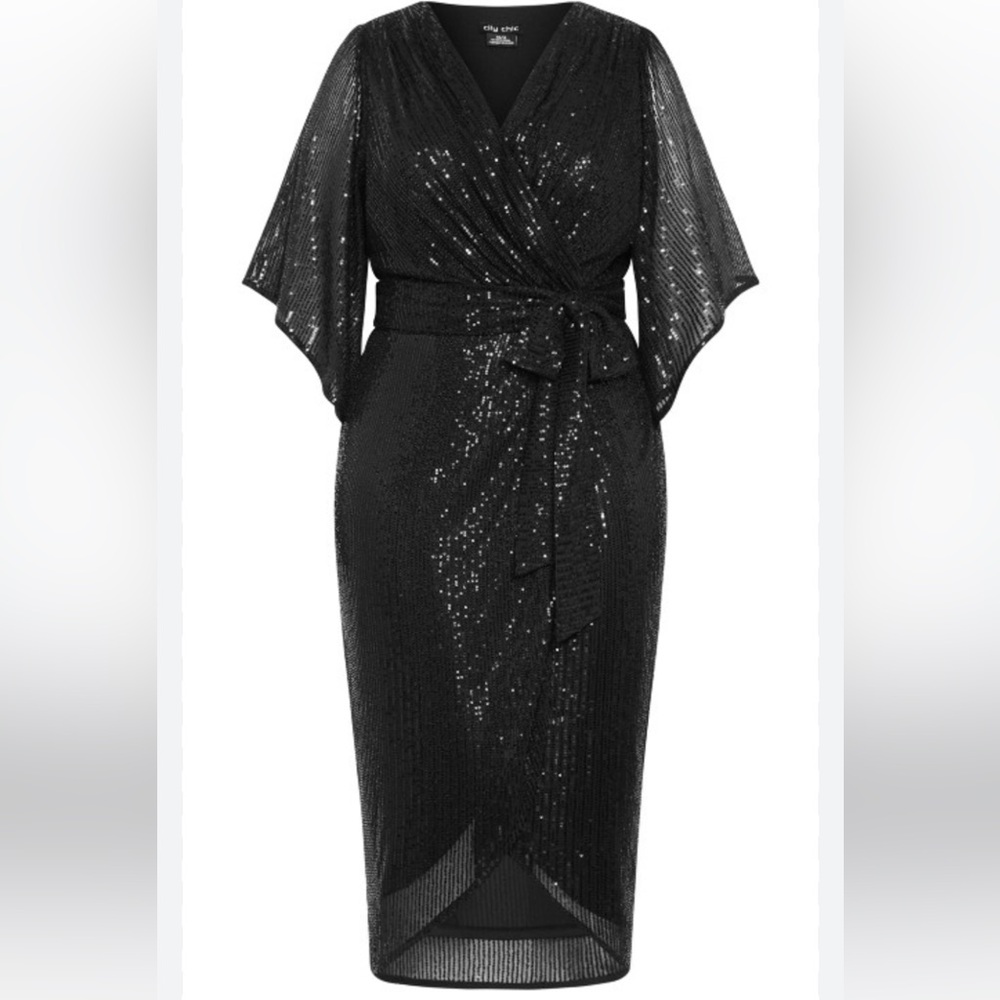 City Chic Paige Sequin Faux Wrap Midi Dress - Black Size xS (US 14)Glamour dress